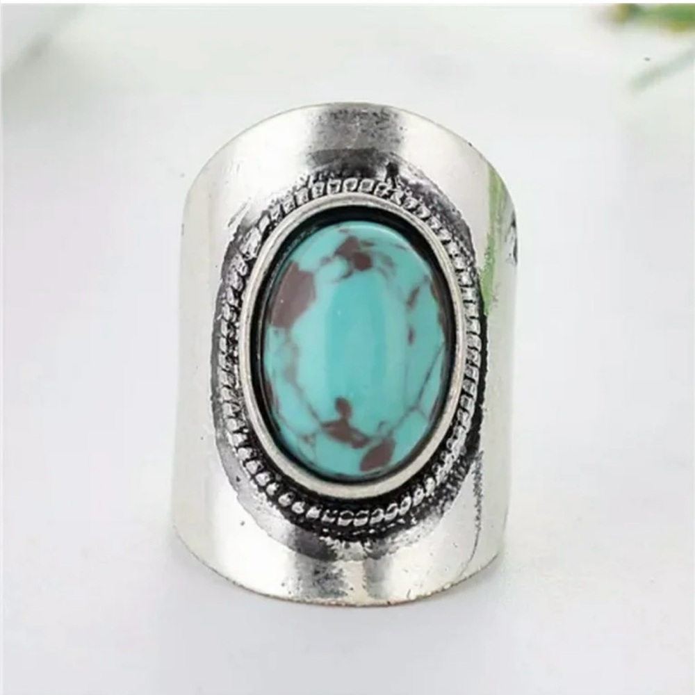 Silver Plated With Large Turquoise Handmade Ring, Size 6